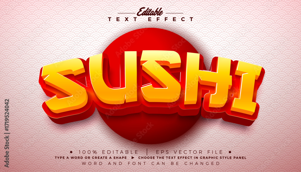 Poster asian japanese 3d text effect design editable vector graphic style with shadow and red yellow sushi 