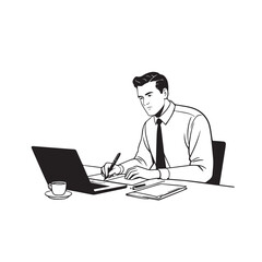 Black and white line art of a hardworking man at office desk with laptop and documents minimalist illustration