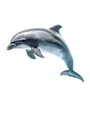 Fototapeta premium A sleek, grey dolphin leaps gracefully, its body arcing elegantly against a black backdrop; detailed rendering
