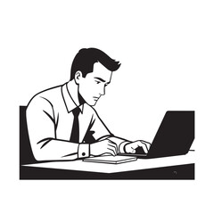 Black and white line art of a hardworking man at office desk with laptop and documents minimalist illustration