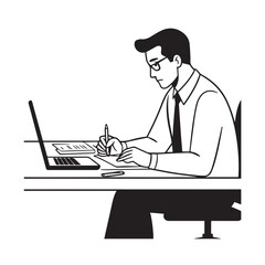 Black and white line art of a hardworking man at office desk with laptop and documents minimalist illustration