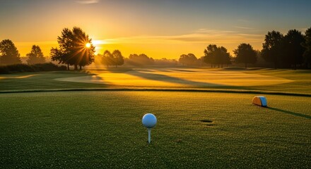 Sunrise illuminates a golf course tee box with a golf ball tee and marker in the foreground casting long shadows across misty fairways and distant trees