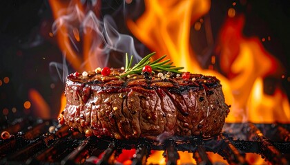 Juicy Grilled Steak on BBQ Grill with Flames.