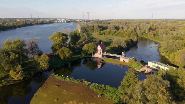 Aerial Bydgoszcz Poland Brda River marina locks. Historic center. Northern Poland. River Brda inland waterway, tributary of Vistula. International regatta rowing competition. NATO and EU.