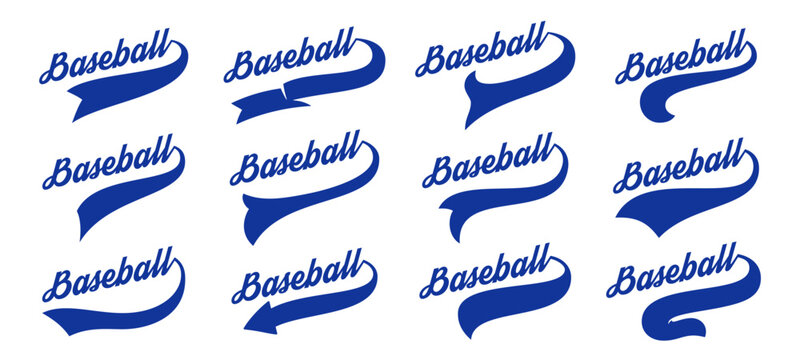 Baseball Swoosh Font Tail Vector Set. Swash Sport Underline Curve Text Line Tails. Vintage Brush Ornament Wave Swirl Typography Elements. Curly Alphabet Varsity Stroke Decoration Graphic Collection
