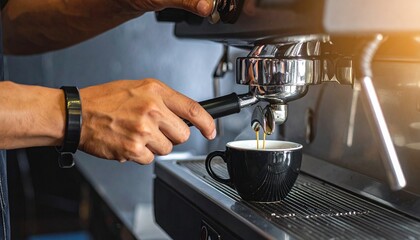 Barista Making Espresso Coffee Close Up Shot.