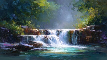 Lush, colorful waterfall cascading over rocks, surrounded by vibrant green foliage, nature