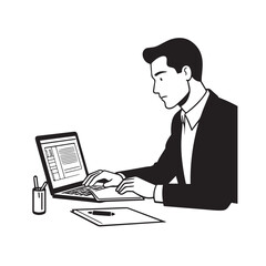 Black and white line art of a hardworking man at office desk with laptop and documents minimalist illustration