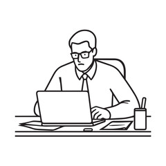 Black and white line art of a hardworking man at office desk with laptop and documents minimalist illustration