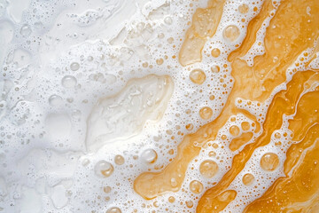 Naklejka premium Macro of orange bubbles and thick white foam on liquid surface, forming abstract pattern with vibrant contrast and round textures