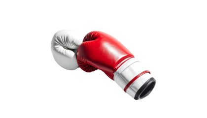 Red and white boxing gloves intertwined, angled, close-up shot on black background