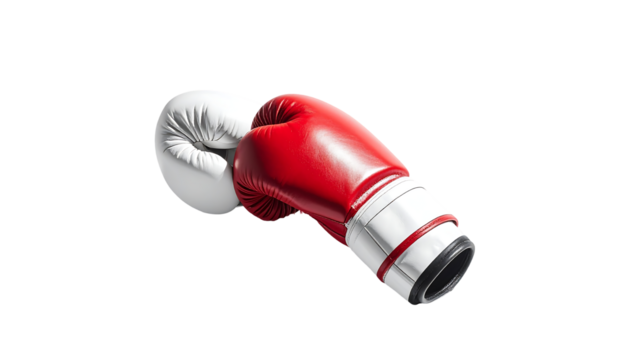 Red and white boxing gloves intertwined, angled, close-up shot on black background
