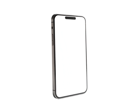 Sleek silver smartphone with blank white screen, slightly angled, isolated on black background (1)