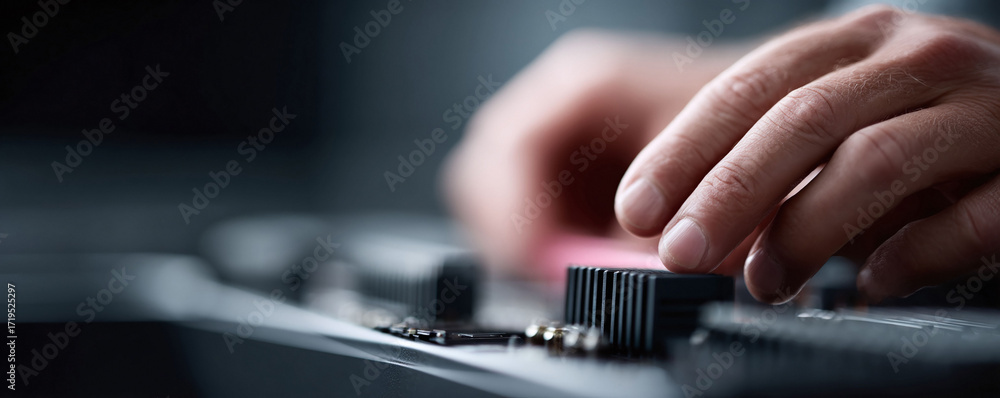 Poster hand precisely working with computer components. conceptual for technology, repair, or building syst