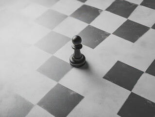 A solitary black pawn chess piece is positioned on a checkered board, highlighting the contrast between light and dark squares, representing strategy and critical thinking in competitive gameplay