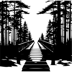 Black and white forest bridge landscape scenic nature illustration art silhouette