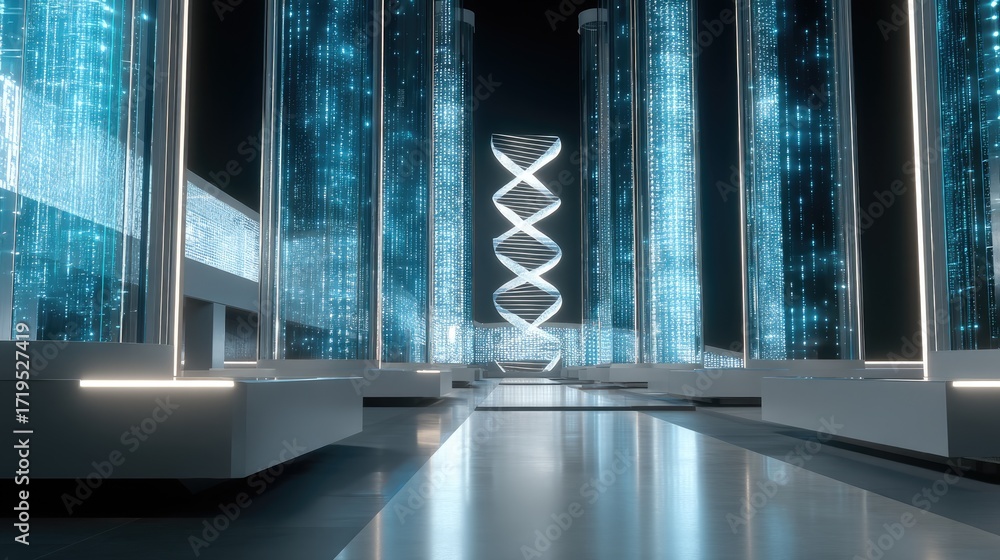 Poster futuristic digital landscape with spiraling structure and glowing data columns in neon blue and whit