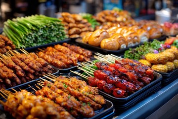 Grilled Street Food Skewers and Vegetables Displayed on Counter