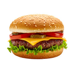 Juicy grilled beef patty, melted cheese, lettuce, tomato, pickles, and sesame seed bun