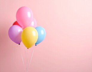 Cluster of Multicolor Balloons Floating Against Soft Pink Background