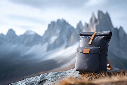 Backpack on a scenic mountain peak. Concept of travel, adventure, and exploration. Ideal for outdoor gear ads, lifestyle, and inspirational content.