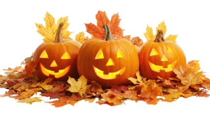 Trio of jack-o’-lantern pumpkins surrounded by autumn leaves, glowing warmly, isolated on transparent background 