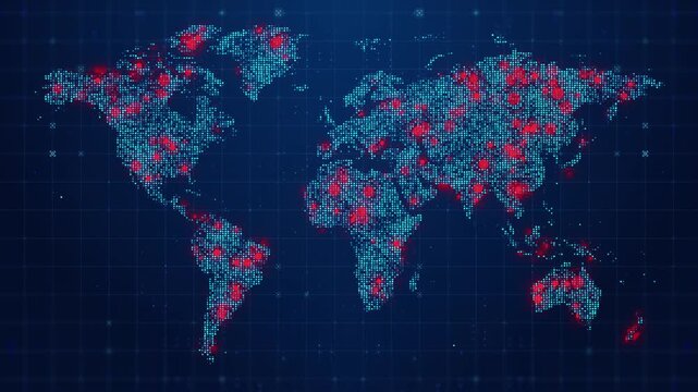 Digital World Map Animation – Global Data Hotspots and Network Monitoring Background Loop - Powered by Adobe