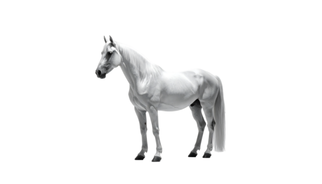A digitally rendered, grey horse stands against a black background, its long tail flowing down.  Muscles are subtly defined, and it faces left