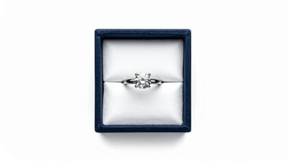 Elegant Diamond Ring in Navy Blue Jewelry Box on White Background.