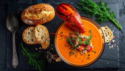 Delicious Lobster Bisque with Crusty Bread and Dill.