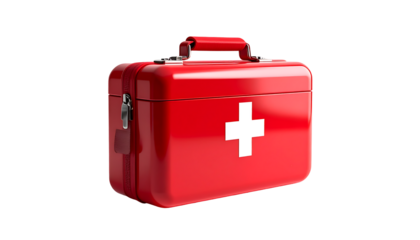 A red metallic first-aid kit with a white cross, a carrying handle, and a visible zipper