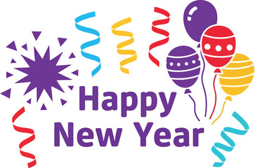 Festive happy new year celebration balloons confetti streamers starburst graphic design vector