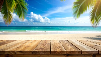 Tropical Beach Wooden Tabletop Summer Vacation Paradise.