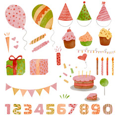 Watercolor birthday elements set including balloons, cake, candles, hats, numbers, and gift boxes isolated on transparent background for festive design