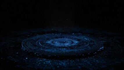 Blue stream of glowing particles and digital data transferring onto a futuristic circular interface, creating a holographic projection or a powerful energy source on a dark background - Powered by Adobe