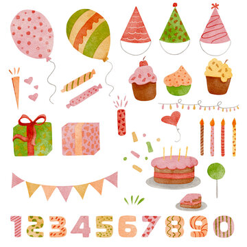 Watercolor birthday elements set including balloons, cake, candles, hats, numbers, and gift boxes isolated on transparent background for festive design