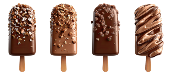 Four chocolate ice pops with various toppings