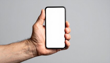 Hand Holding Smartphone with Blank White Screen Mockup.