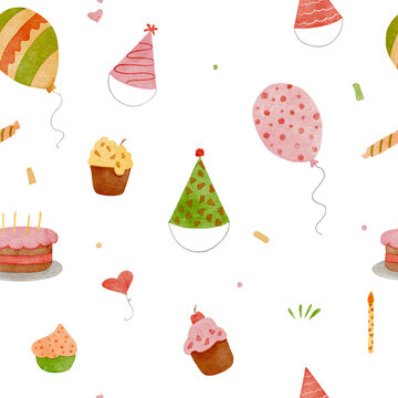 Seamless watercolor pattern with birthday balloons, cake, candles, hats, numbers, and gifts on white background perfect for festive wrapping paper, cards, and textiles