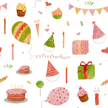 Seamless watercolor pattern with birthday balloons, cake, candles, hats, numbers, and gifts on white background perfect for festive wrapping paper, cards, and textiles