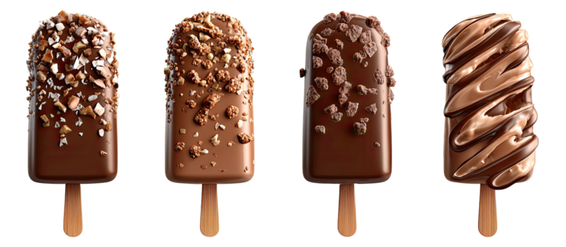 Four chocolate ice pops with various toppings