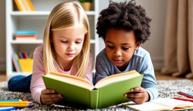 Two children reading a book together on a carpet. A young blond girl and a young black boy are focused on the pages. Colorful books are visible in the background. - Powered by Adobe