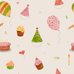 Seamless watercolor pattern with birthday balloons, cake, candles, hats, numbers, and gift boxes on beige background perfect for festive wrapping, cards, and textiles