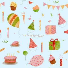 Seamless watercolor pattern of birthday elements with balloons, cake, candles, hats, numbers, and gifts on light blue background for festive design and decoration