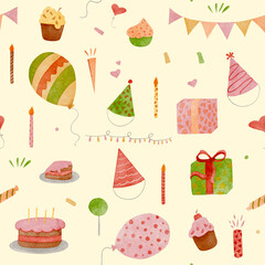 Watercolor seamless birthday pattern with balloons, cake, candles, hats, numbers, and gifts on lemon yellow background for cheerful festive decoration and design