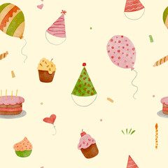 Watercolor seamless birthday pattern with balloons, cake, candles, hats, numbers, and gifts on lemon yellow background for cheerful festive decoration and design