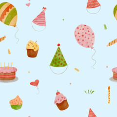 Seamless watercolor pattern of birthday elements with balloons, cake, candles, hats, numbers, and gifts on light blue background for festive design and decoration