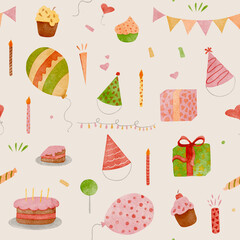 Seamless watercolor pattern with birthday balloons, cake, candles, hats, numbers, and gift boxes on beige background perfect for festive wrapping, cards, and textiles