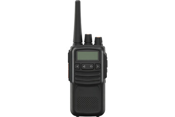 Professional two-way radio communication device with digital display and antenna isolated on transparent background