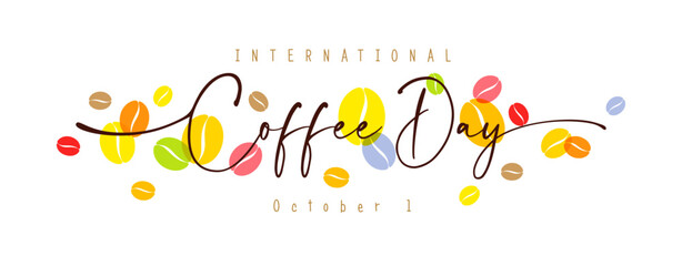 International Coffee Day October 1 advertising banner. Horizontal colorful design.